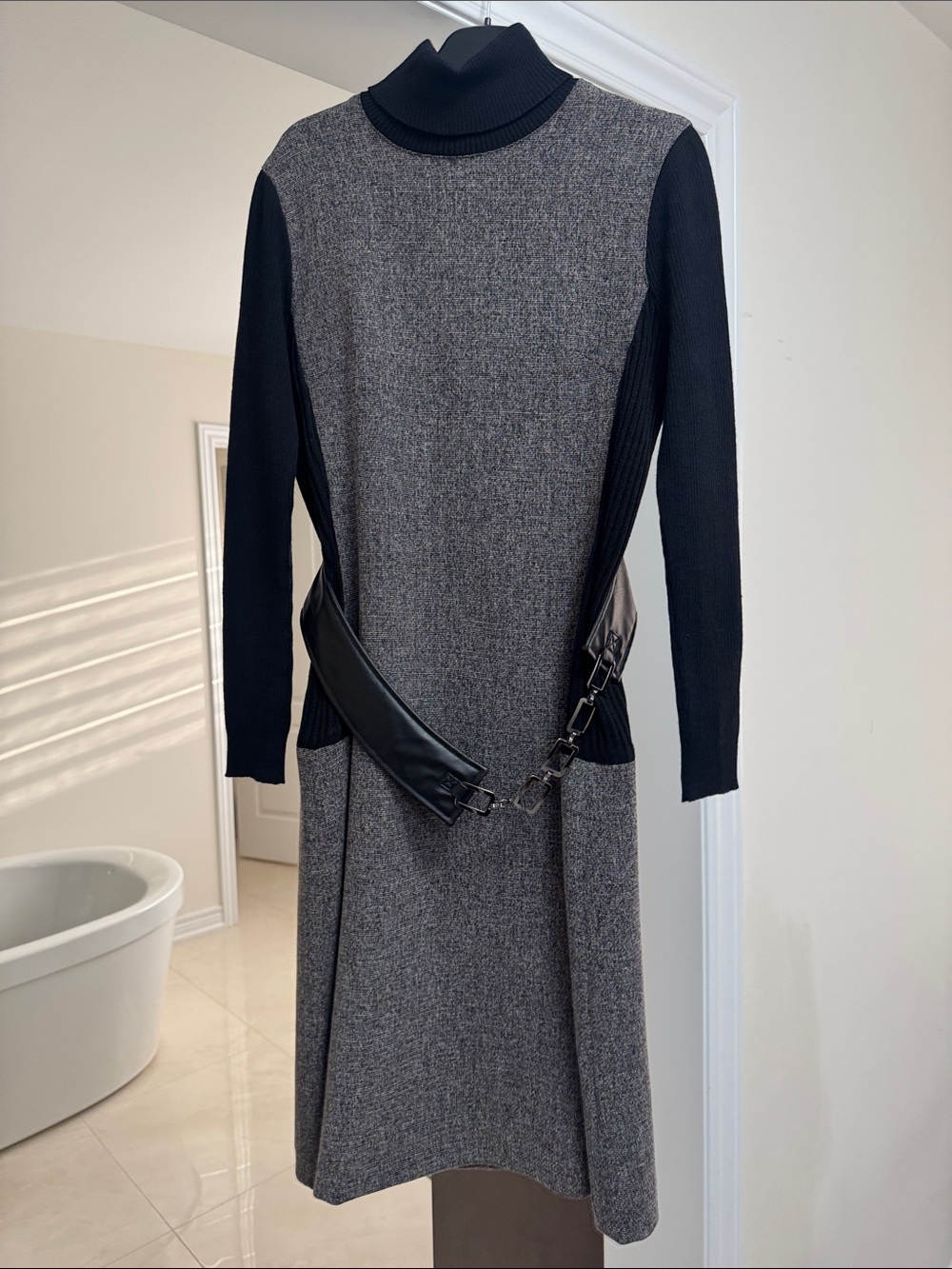 Turtleneck Gray Knit Long-Sleeve Dress with Black Contrast Sleeves